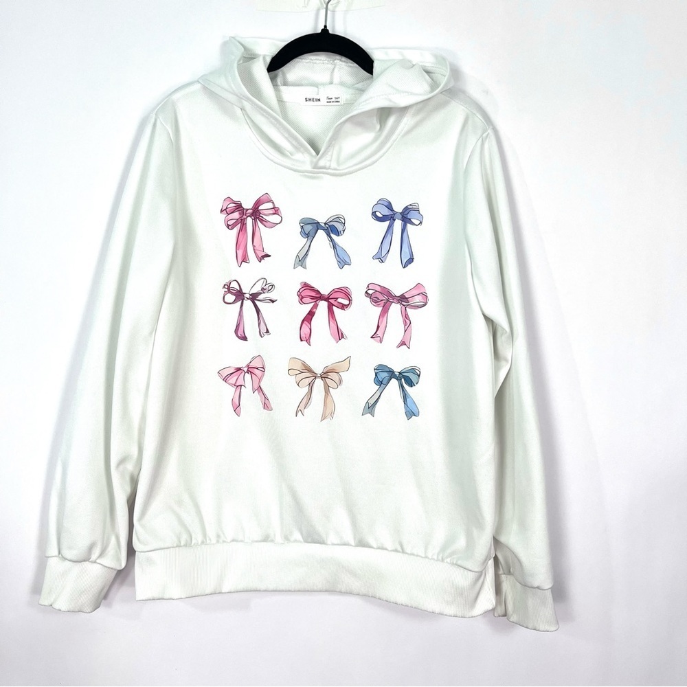 Shein White Croquet Bow Pink Blue Hooded Sweatshirt Teen Youth Sz 16Y